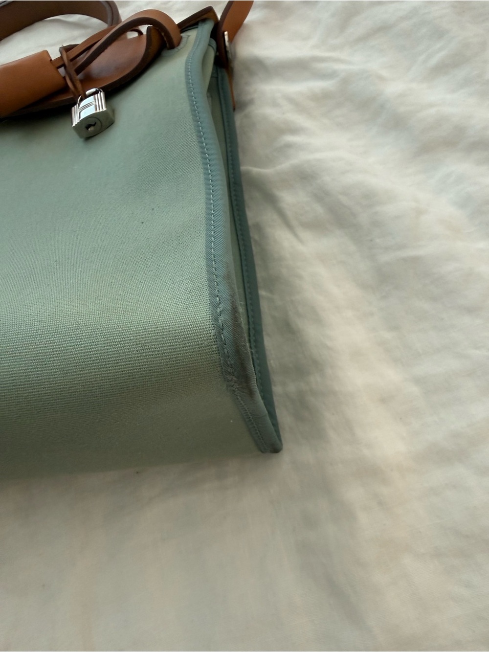 HERMES Herbag Zip 31 Hand Bag Canvas Leather 2way Green Palladium Authentic - Picture 3 of 16